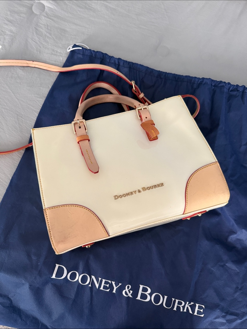 Dooney & Bourke Cream and Tan Leather Satchel with Red Edge Trim